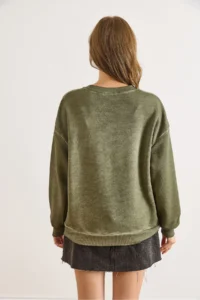 Olalook Women's Khaki Crew Neck Basic Washed Sweatshirt - Image 2