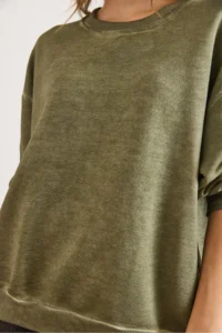 Olalook Women's Khaki Crew Neck Basic Washed Sweatshirt - Image 3