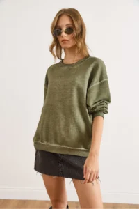 Olalook Women's Khaki Crew Neck Basic Washed Sweatshirt - Image 4