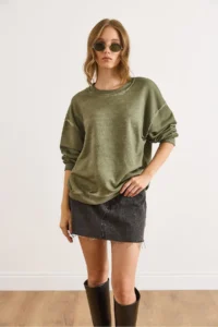 Olalook Women's Khaki Crew Neck Basic Washed Sweatshirt - Image 5