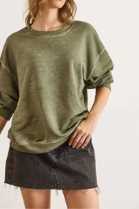 Olalook Women's Khaki Crew Neck Basic Washed Sweatshirt - Image 6