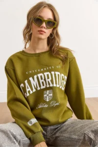 Olalook Women's Oil Green Cambridge Printed Thick Sweatshirt