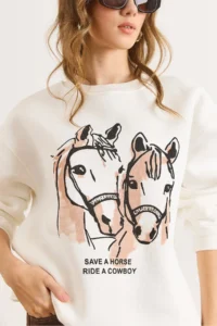 Olalook Women's White Horses Thick Sweatshirt - Image 3
