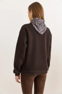 Olalook Women's Bitter Brown Scarf Detailed Raised Sweatshirt - Image 2