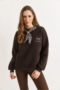 Olalook Women's Bitter Brown Scarf Detailed Raised Sweatshirt - Image 3