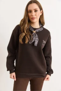 Olalook Women's Bitter Brown Scarf Detailed Raised Sweatshirt - Image 4