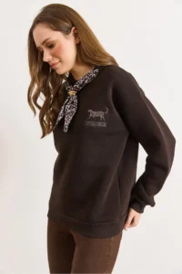 Olalook Women's Bitter Brown Scarf Detailed Raised Sweatshirt - Image 5