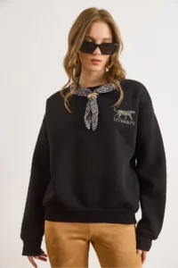 Olalook Women's Black Scarf Detailed Rose Gold Sweatshirt - Image 2
