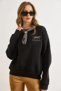 Olalook Women's Black Scarf Detailed Rose Gold Sweatshirt - Image 3