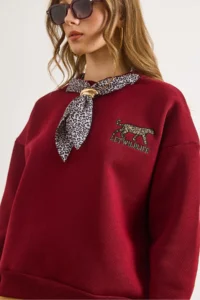 Olalook Women's Claret Red Scarf Detailed Raised Sweatshirt - Image 2