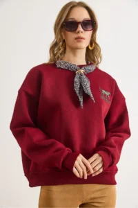Olalook Women's Claret Red Scarf Detailed Raised Sweatshirt - Image 3