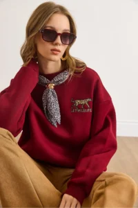 Olalook Women's Claret Red Scarf Detailed Raised Sweatshirt - Image 5