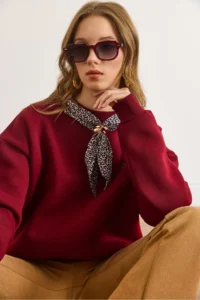 Olalook Women's Claret Red Scarf Detailed Raised Sweatshirt - Image 6