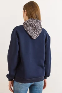 Olalook Women's Navy Blue Scarf Detailed Raised Sweatshirt - Image 2