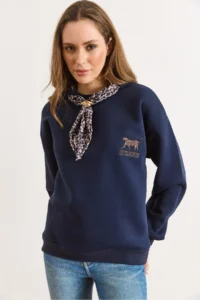 Olalook Women's Navy Blue Scarf Detailed Raised Sweatshirt - Image 3
