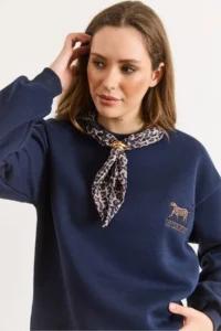 Olalook Women's Navy Blue Scarf Detailed Raised Sweatshirt - Image 4