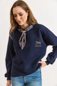 Olalook Women's Navy Blue Scarf Detailed Raised Sweatshirt - Image 5