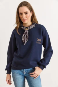 Olalook Women's Navy Blue Scarf Detailed Raised Sweatshirt - Image 6