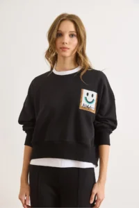 Olalook Women's Black Patch Smiling Face Detailed Bat Sweatshirt - Image 2