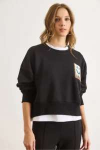 Olalook Women's Black Patch Smiling Face Detailed Bat Sweatshirt - Image 3