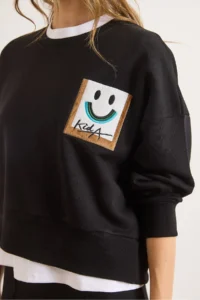 Olalook Women's Black Patch Smiling Face Detailed Bat Sweatshirt - Image 6