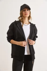 Olalook Women's Black Asymmetrical Ribbed Cuff Detailed Oversize Sweatshirt - Image 2
