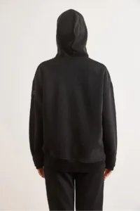 Olalook Women's Black Asymmetrical Ribbed Cuff Detailed Oversize Sweatshirt - Image 3