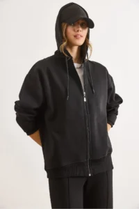 Olalook Women's Black Asymmetrical Ribbed Cuff Detailed Oversize Sweatshirt - Image 5