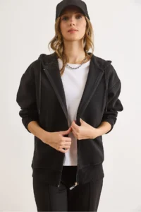 Olalook Women's Black Asymmetrical Ribbed Cuff Detailed Oversize Sweatshirt - Image 6