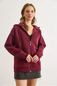 Olalook Women's Burgundy Asymmetrical Ribbed Cuff Detailed Oversize Sweatshirt - Image 2