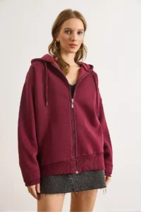 Olalook Women's Burgundy Asymmetrical Ribbed Cuff Detailed Oversize Sweatshirt - Image 3
