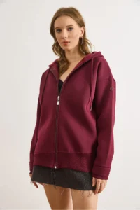 Olalook Women's Burgundy Asymmetrical Ribbed Cuff Detailed Oversize Sweatshirt - Image 4