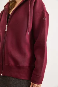 Olalook Women's Burgundy Asymmetrical Ribbed Cuff Detailed Oversize Sweatshirt - Image 5