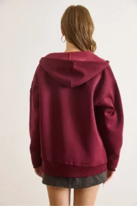 Olalook Women's Burgundy Asymmetrical Ribbed Cuff Detailed Oversize Sweatshirt - Image 6