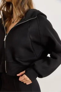 Olalook Women's Black Hidden Pocket Stitching Detailed Raised Oversize Sweatshirt - Image 4
