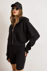 Olalook Women's Black Hidden Pocket Stitching Detailed Raised Oversize Sweatshirt - Image 5