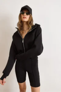 Olalook Women's Black Hidden Pocket Stitching Detailed Raised Oversize Sweatshirt - Image 6