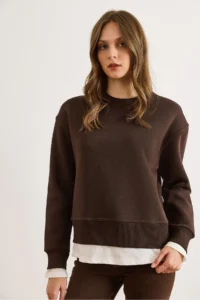 Olalook Women's Brown Combed Cotton Detailed Thick Sweatshirt - Image 2