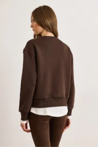 Olalook Women's Brown Combed Cotton Detailed Thick Sweatshirt - Image 3