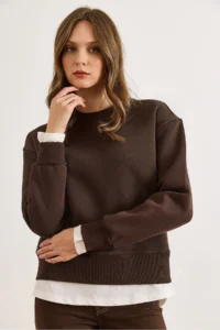 Olalook Women's Brown Combed Cotton Detailed Thick Sweatshirt - Image 4