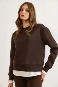 Olalook Women's Brown Combed Cotton Detailed Thick Sweatshirt - Image 6