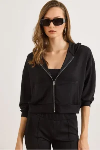 Olalook Women's Black Modal Printed Hooded Zippered Loose Sweatshirt