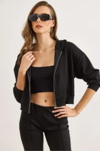Olalook Women's Black Modal Printed Hooded Zippered Loose Sweatshirt - Image 2