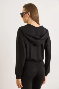 Olalook Women's Black Modal Printed Hooded Zippered Loose Sweatshirt - Image 3