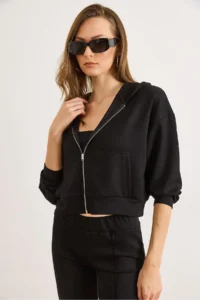 Olalook Women's Black Modal Printed Hooded Zippered Loose Sweatshirt - Image 4