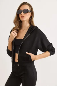 Olalook Women's Black Modal Printed Hooded Zippered Loose Sweatshirt - Image 6