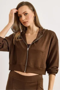 Olalook Women's Brown Modal Printed Hooded Zippered Loose Sweatshirt