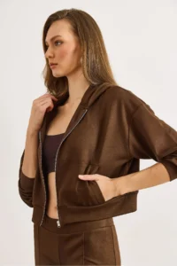 Olalook Women's Brown Modal Printed Hooded Zippered Loose Sweatshirt - Image 2