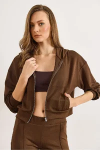 Olalook Women's Brown Modal Printed Hooded Zippered Loose Sweatshirt - Image 3