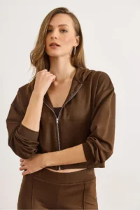 Olalook Women's Brown Modal Printed Hooded Zippered Loose Sweatshirt - Image 4
